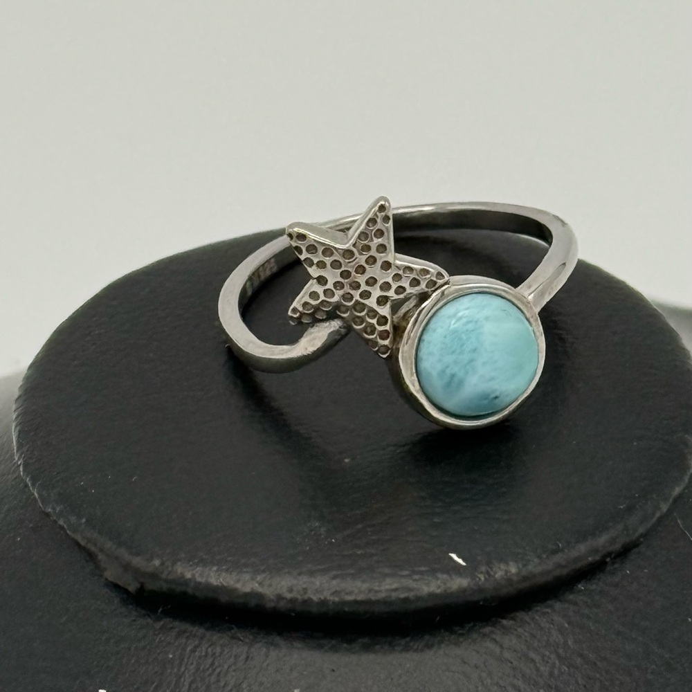 Genuine Larimar Stone on 925 Sterling Silver Band & Cute Starfish Ring Sz 7.75”